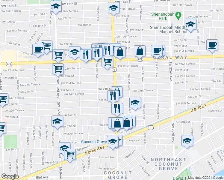 map of restaurants, bars, coffee shops, grocery stores, and more near None in Miami