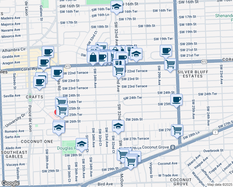 map of restaurants, bars, coffee shops, grocery stores, and more near 3234 Southwest 24th Street in Miami