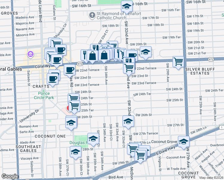 map of restaurants, bars, coffee shops, grocery stores, and more near 3334 Southwest 24th Street in Miami