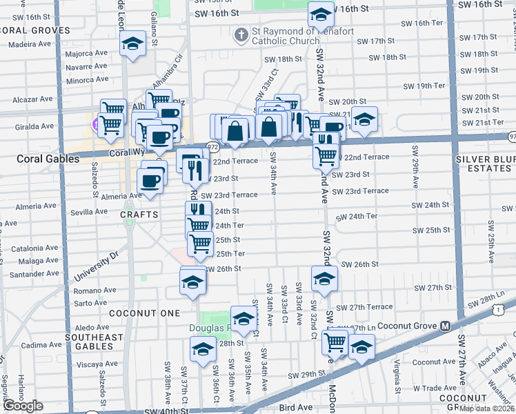 map of restaurants, bars, coffee shops, grocery stores, and more near in Miami