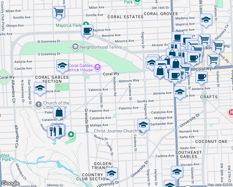 map of restaurants, bars, coffee shops, grocery stores, and more near 2700 Anderson Road in Coral Gables