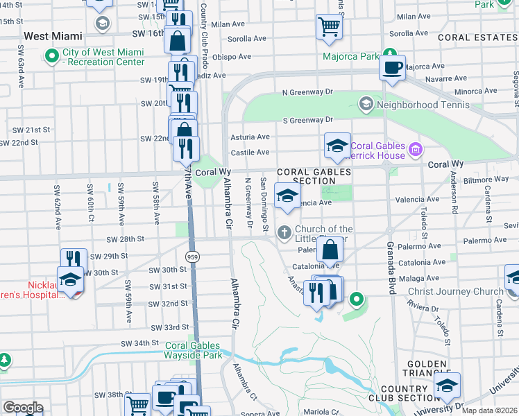 map of restaurants, bars, coffee shops, grocery stores, and more near 2618 San Domingo Street in Coral Gables