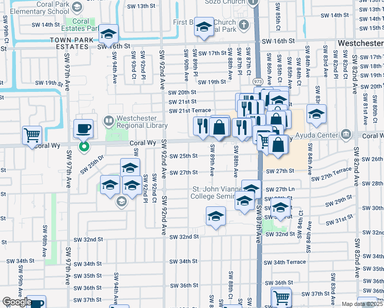 map of restaurants, bars, coffee shops, grocery stores, and more near 2601 Southwest 90th Avenue in Miami