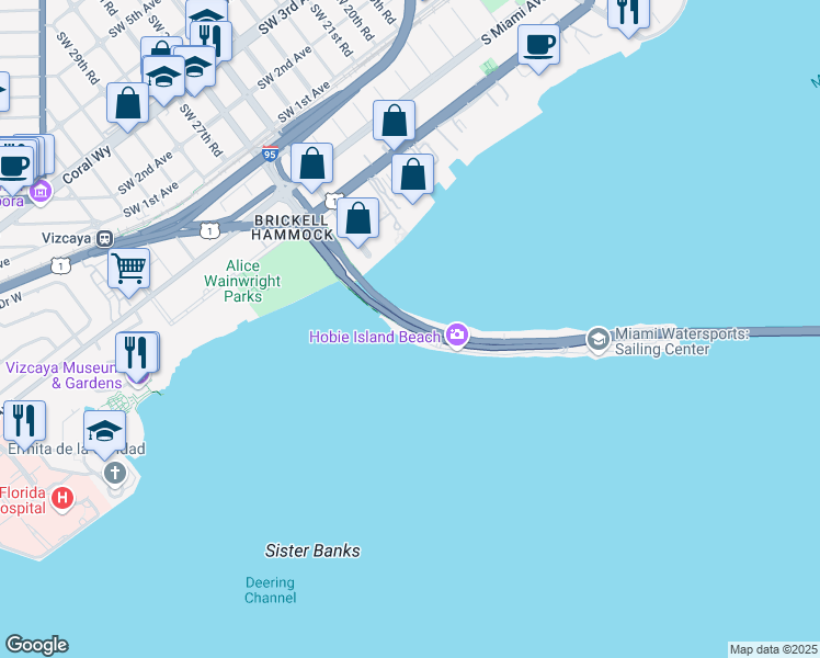 map of restaurants, bars, coffee shops, grocery stores, and more near Rickenbacker Causeway in Miami