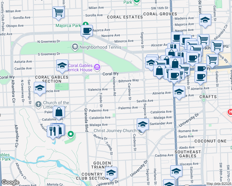 map of restaurants, bars, coffee shops, grocery stores, and more near 2700 Anderson Road in Coral Gables