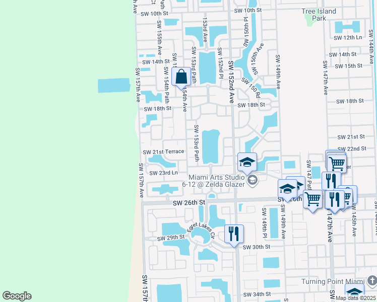 map of restaurants, bars, coffee shops, grocery stores, and more near 15378 Southwest 153rd Path in Miami