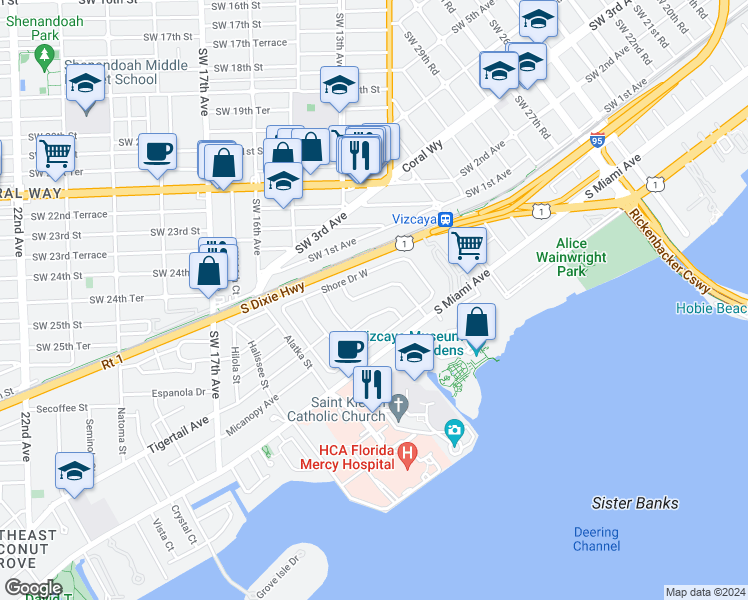 map of restaurants, bars, coffee shops, grocery stores, and more near 42 Samana Drive in Miami