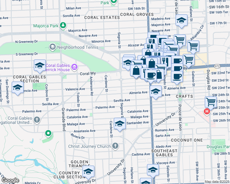 map of restaurants, bars, coffee shops, grocery stores, and more near 630 Almeria Avenue in Coral Gables