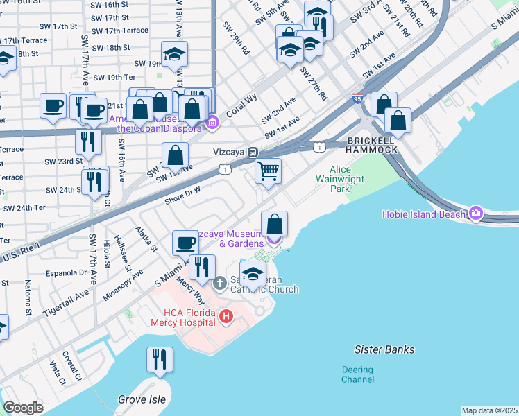 map of restaurants, bars, coffee shops, grocery stores, and more near 50 Southwest 32nd Road in Miami