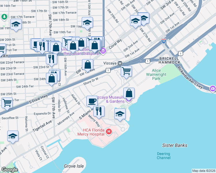 map of restaurants, bars, coffee shops, grocery stores, and more near 20 Bay Heights Drive in Miami