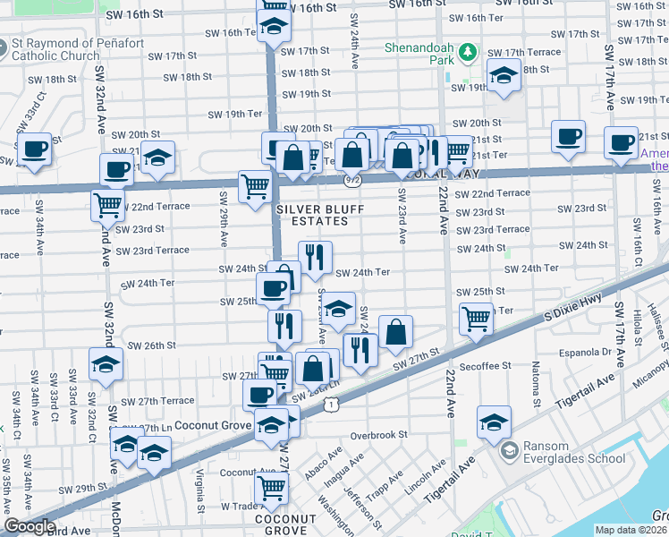 map of restaurants, bars, coffee shops, grocery stores, and more near 2446 Southwest 24th Terrace in Miami