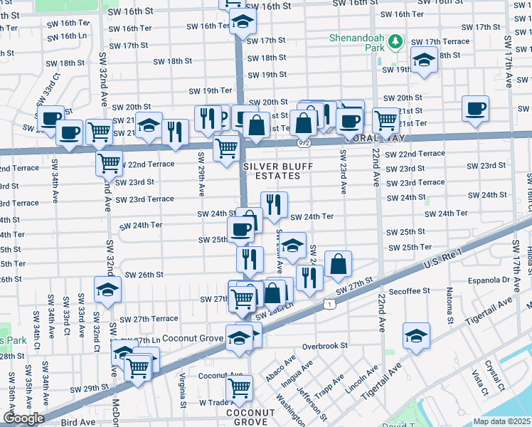 map of restaurants, bars, coffee shops, grocery stores, and more near 2520 Southwest 24th Terrace in Miami