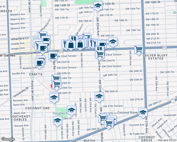 map of restaurants, bars, coffee shops, grocery stores, and more near 3334 Southwest 24th Street in Miami