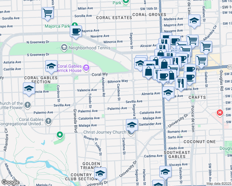 map of restaurants, bars, coffee shops, grocery stores, and more near 732 Almeria Avenue in Coral Gables