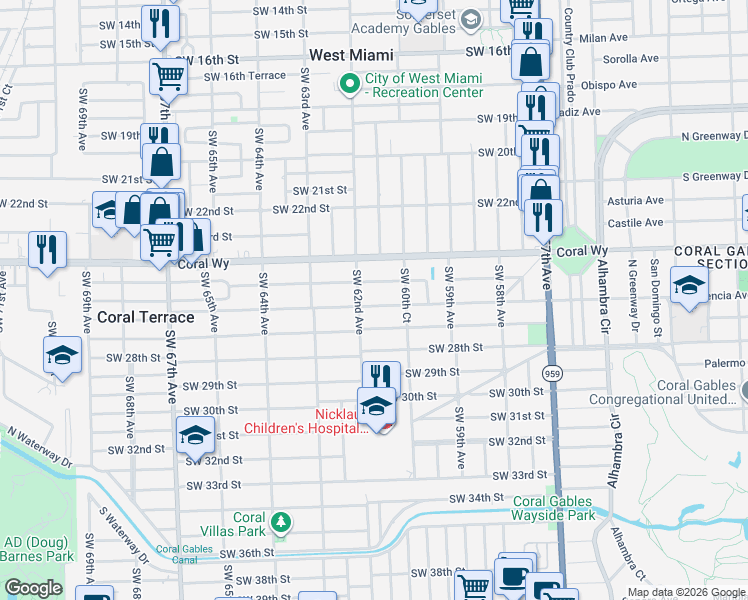 map of restaurants, bars, coffee shops, grocery stores, and more near 6160 Southwest 26th Street in Miami