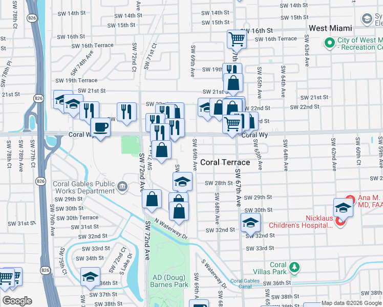 map of restaurants, bars, coffee shops, grocery stores, and more near 2620 Southwest 69th Avenue in Miami