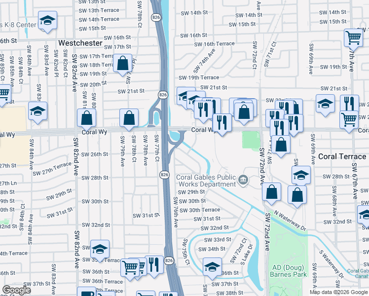 map of restaurants, bars, coffee shops, grocery stores, and more near 7495 South Waterway Drive in Miami