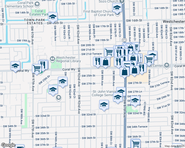 map of restaurants, bars, coffee shops, grocery stores, and more near 2601 Southwest 90th Avenue in Miami
