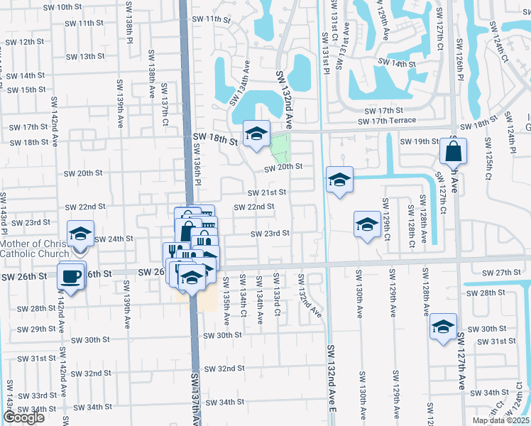 map of restaurants, bars, coffee shops, grocery stores, and more near 2254 Southwest 133rd Court in Miami
