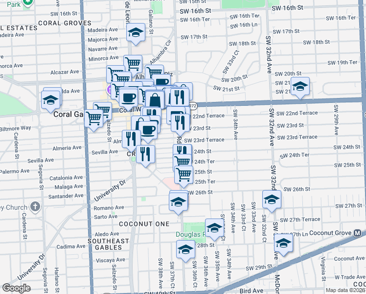 map of restaurants, bars, coffee shops, grocery stores, and more near 2850 Southwest 37th Avenue in Miami