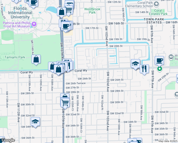 map of restaurants, bars, coffee shops, grocery stores, and more near 10300 Southwest 24th Street in Miami
