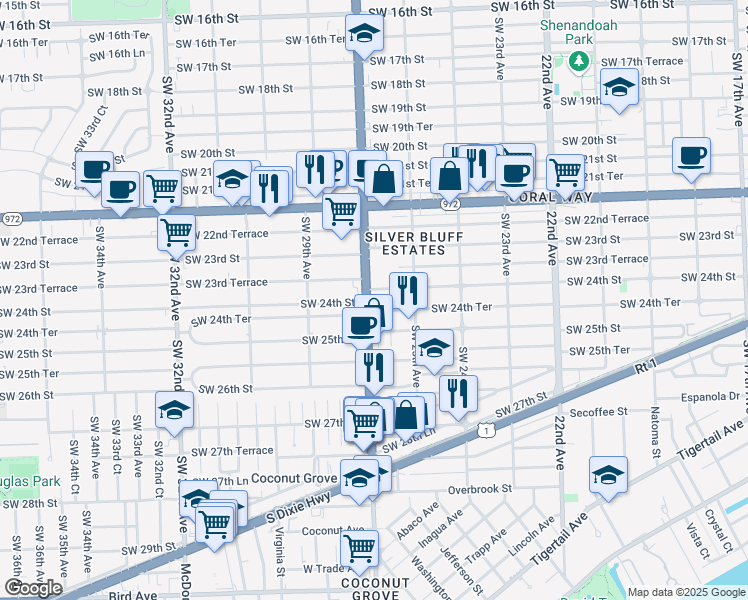 map of restaurants, bars, coffee shops, grocery stores, and more near 2455 Southwest 27th Avenue in Miami