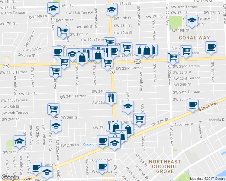 map of restaurants, bars, coffee shops, grocery stores, and more near 2455 Southwest 27th Avenue in Miami
