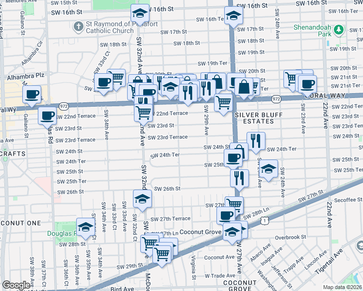 map of restaurants, bars, coffee shops, grocery stores, and more near 3020 Southwest 24th Terrace in Miami