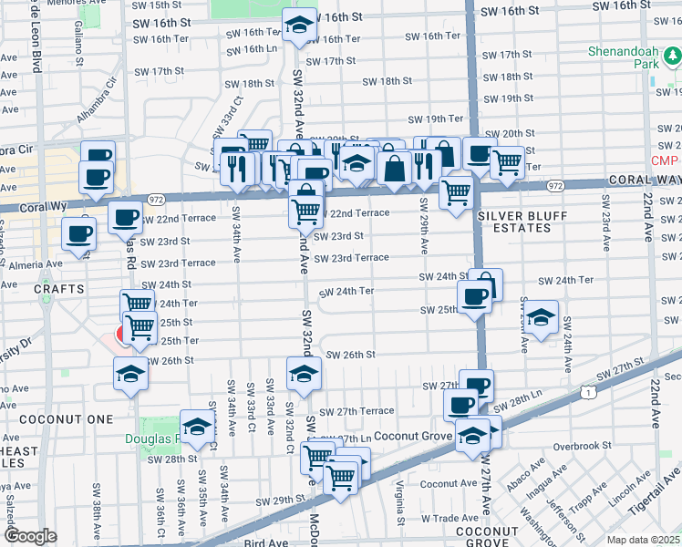 map of restaurants, bars, coffee shops, grocery stores, and more near 3131 Southwest 24th Terrace in Miami