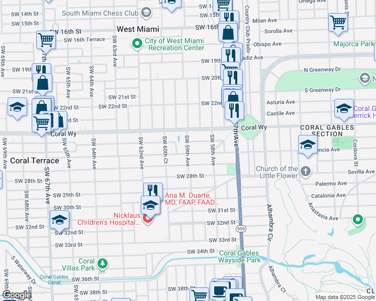 map of restaurants, bars, coffee shops, grocery stores, and more near 5912 Southwest 26th Street in Miami