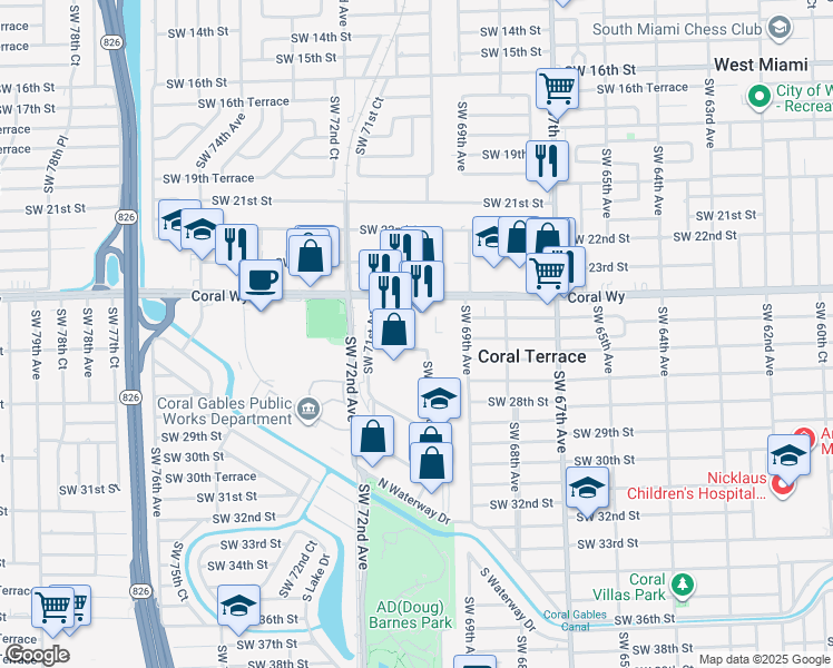 map of restaurants, bars, coffee shops, grocery stores, and more near 2601 Southwest 69th Court in Miami