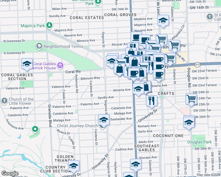 map of restaurants, bars, coffee shops, grocery stores, and more near 2711 Segovia Street in Coral Gables
