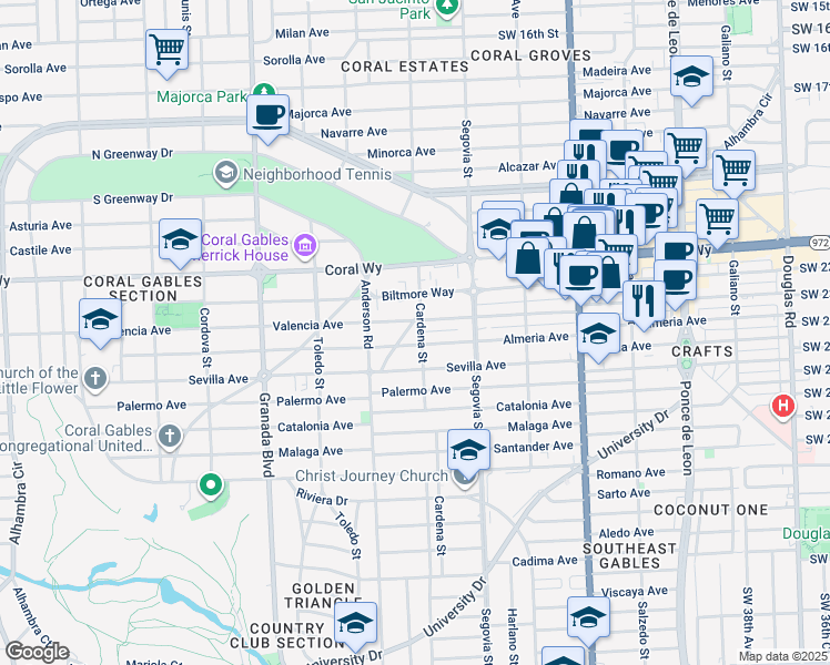 map of restaurants, bars, coffee shops, grocery stores, and more near 732 Almeria Avenue in Coral Gables
