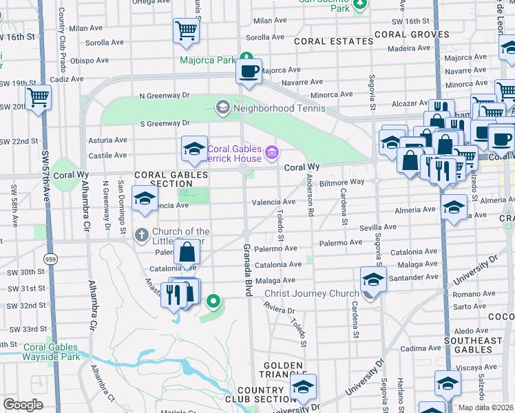 map of restaurants, bars, coffee shops, grocery stores, and more near 900 Almeria Avenue in Coral Gables