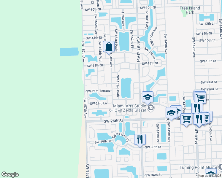 map of restaurants, bars, coffee shops, grocery stores, and more near 15427 Southwest 22nd Terrace in Miami
