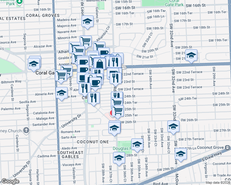 map of restaurants, bars, coffee shops, grocery stores, and more near 2850 Southwest 37th Avenue in Miami