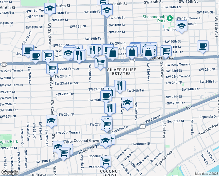 map of restaurants, bars, coffee shops, grocery stores, and more near 2371 Southwest 27th Avenue in Miami