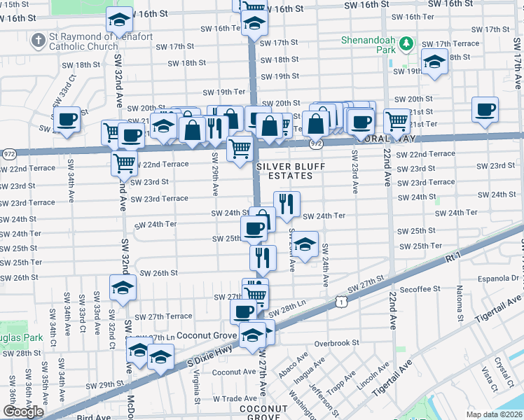 map of restaurants, bars, coffee shops, grocery stores, and more near 2371 Southwest 27th Avenue in Miami