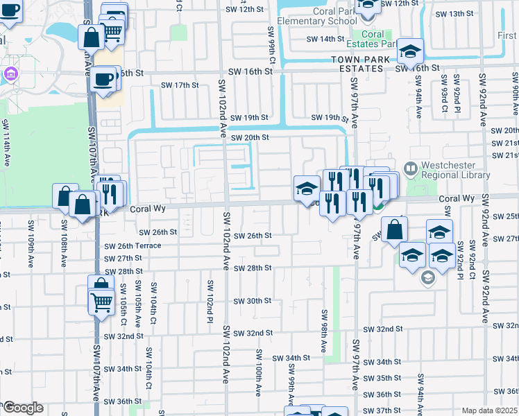 map of restaurants, bars, coffee shops, grocery stores, and more near 10002 Southwest 23rd Terrace in Miami