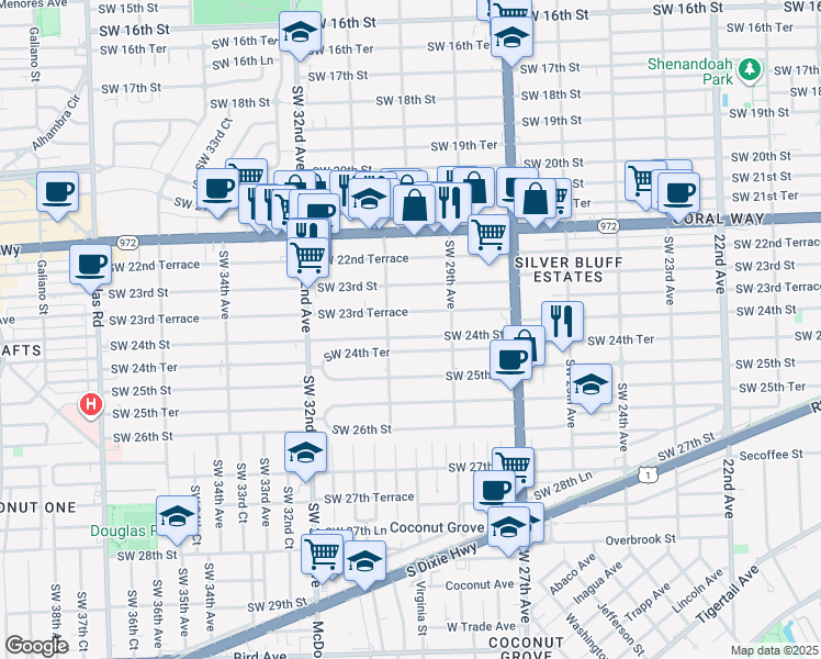 map of restaurants, bars, coffee shops, grocery stores, and more near 3031 Southwest 23rd Terrace in Miami