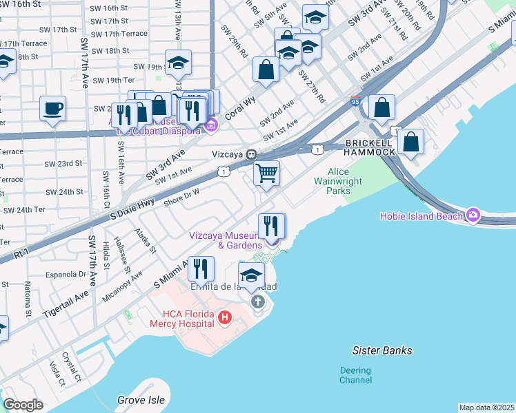 map of restaurants, bars, coffee shops, grocery stores, and more near 3250 South Miami Avenue in Miami