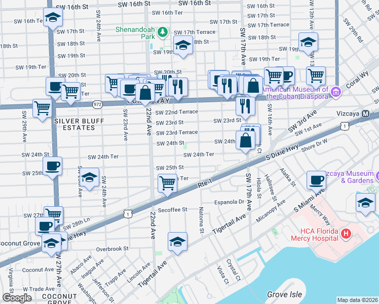 map of restaurants, bars, coffee shops, grocery stores, and more near 1900 Southwest 24th Street in Miami