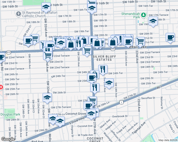map of restaurants, bars, coffee shops, grocery stores, and more near 2792 Southwest 23rd Terrace in Miami