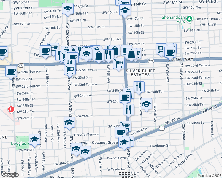 map of restaurants, bars, coffee shops, grocery stores, and more near 2920 Southwest 23rd Terrace in Miami