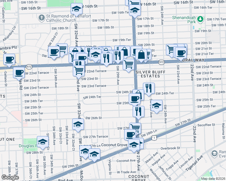 map of restaurants, bars, coffee shops, grocery stores, and more near 2911 Southwest 23rd Terrace in Miami