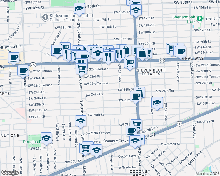 map of restaurants, bars, coffee shops, grocery stores, and more near 3031 Southwest 23rd Terrace in Miami