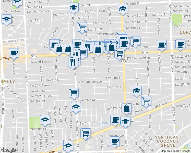 map of restaurants, bars, coffee shops, grocery stores, and more near 3031 Southwest 23rd Terrace in Miami
