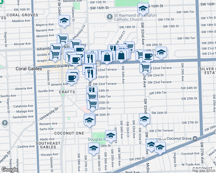 map of restaurants, bars, coffee shops, grocery stores, and more near 3541 Southwest 23rd Terrace in Miami