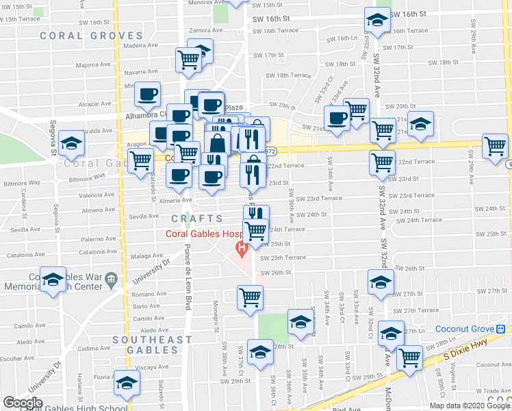 map of restaurants, bars, coffee shops, grocery stores, and more near 2335 Douglas Road in Miami