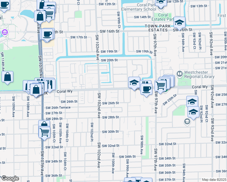 map of restaurants, bars, coffee shops, grocery stores, and more near 10002 Southwest 23rd Terrace in Miami